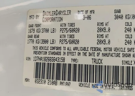 2006 Dodge Ram 1500 Slt из США, поврежденный, VIN 1D7HA18266S643158